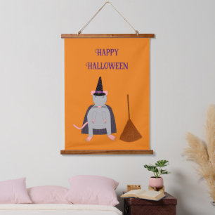 =Halloween Rote und Broom Wandteppich Mit Holzrahmen
