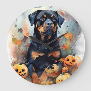 Halloween Rottweiler mit Pumpkins Beängstigend Große Wanduhr