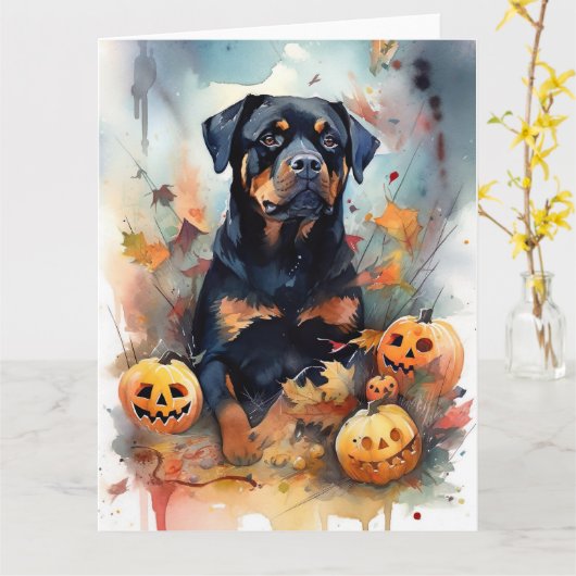 Halloween Rottweiler mit Pumpkins Beängstigend Karte (Gelbe Blume)