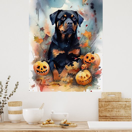 Halloween Rottweiler mit Pumpkins Beängstigend Poster (Küche)