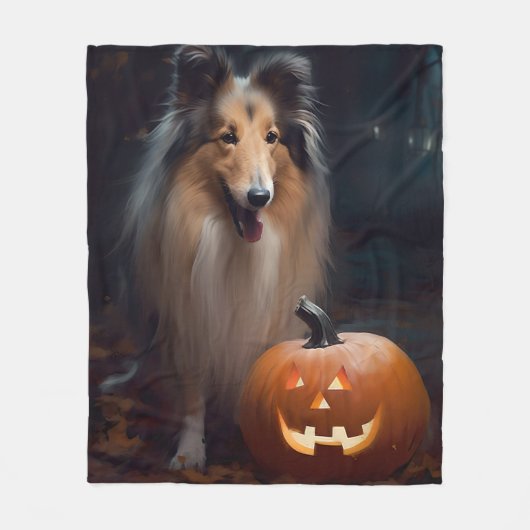 Halloween Rough Collie mit Pumpkins Beängstigend Fleecedecke (Vorderseite)