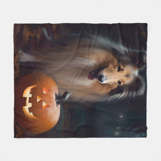 Halloween Rough Collie mit Pumpkins Beängstigend Fleecedecke (Vorderseite (Horizontal))