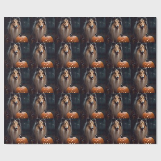 Halloween Rough Collie mit Pumpkins Beängstigend Geschenkpapier (Flach)