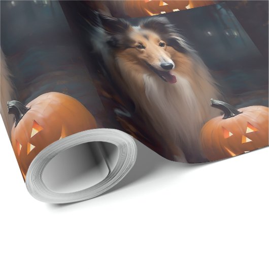 Halloween Rough Collie mit Pumpkins Beängstigend Geschenkpapier (Rolleneckpunkt)