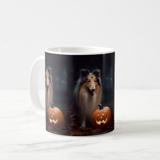 Halloween Rough Collie mit Pumpkins Beängstigend Kaffeetasse (Vorderseite Links)