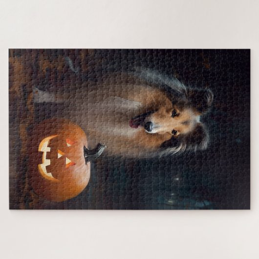 Halloween Rough Collie mit Pumpkins Beängstigend Puzzle (Horizontal)