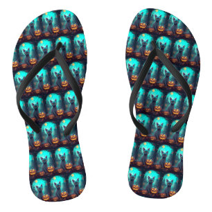 Halloween Russian Blue Cat mit Pumpkins Beängstige Badesandalen
