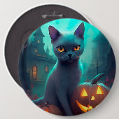 Halloween Russian Blue Cat mit Pumpkins Beängstige Button (Vorne & Hinten)