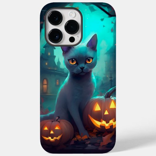Halloween Russian Blue Cat mit Pumpkins Beängstige Case-Mate iPhone Hülle (Rückseite)