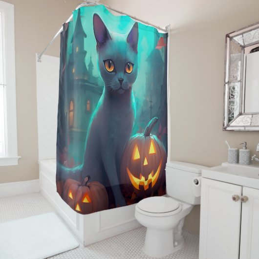 Halloween Russian Blue Cat mit Pumpkins Beängstige Duschvorhang (Beispiel)