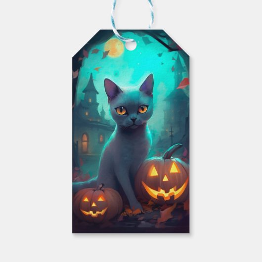 Halloween Russian Blue Cat mit Pumpkins Beängstige Geschenkanhänger (Rückseite)