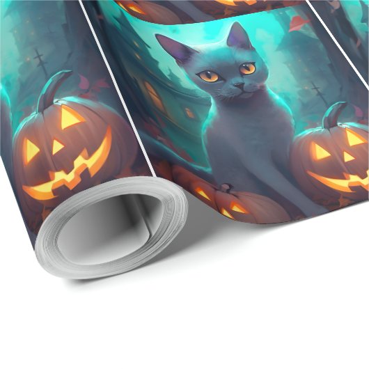Halloween Russian Blue Cat mit Pumpkins Beängstige Geschenkpapier (Rolleneckpunkt)