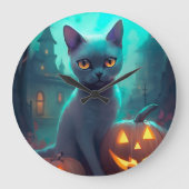 Halloween Russian Blue Cat mit Pumpkins Beängstige Große Wanduhr (Vorderseite)