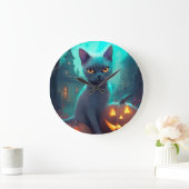 Halloween Russian Blue Cat mit Pumpkins Beängstige Große Wanduhr (Zuhause)