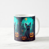 Halloween Russian Blue Cat mit Pumpkins Beängstige Kaffeetasse (VorderseiteRechts)