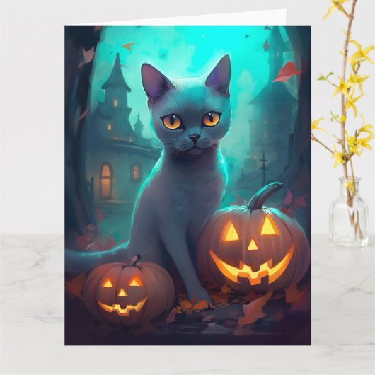 Halloween Russian Blue Cat mit Pumpkins Beängstige Karte (Gelbe Blume)