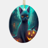 Halloween Russian Blue Cat mit Pumpkins Beängstige Keramik Ornament (Rechts)