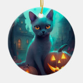 Halloween Russian Blue Cat mit Pumpkins Beängstige Keramik Ornament (Vorne)