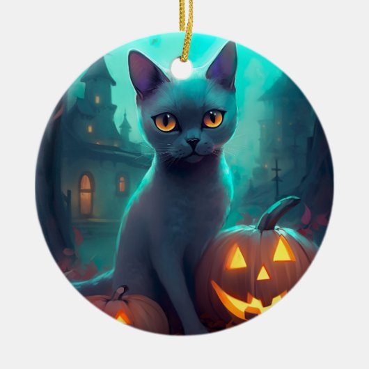 Halloween Russian Blue Cat mit Pumpkins Beängstige Keramik Ornament (Vorne)