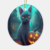 Halloween Russian Blue Cat mit Pumpkins Beängstige Keramik Ornament (Links)