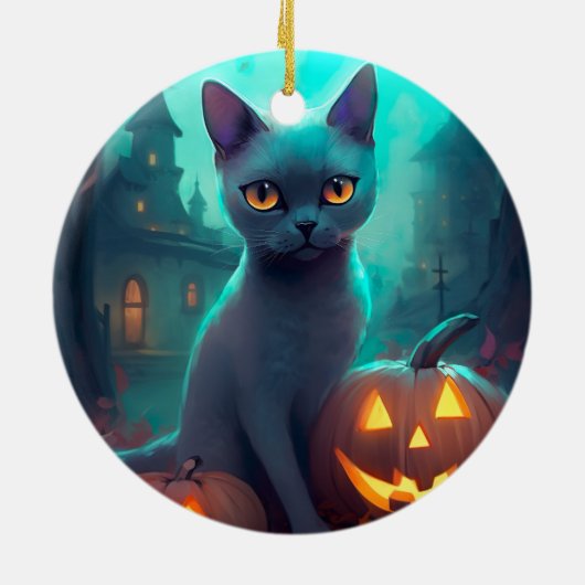 Halloween Russian Blue Cat mit Pumpkins Beängstige Keramik Ornament (Hinten)