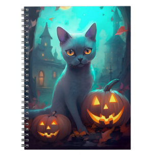Halloween Russian Blue Cat mit Pumpkins Beängstige Notizblock