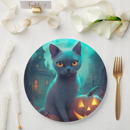 Halloween Russian Blue Cat mit Pumpkins Beängstige Pappteller (Hochzeit)