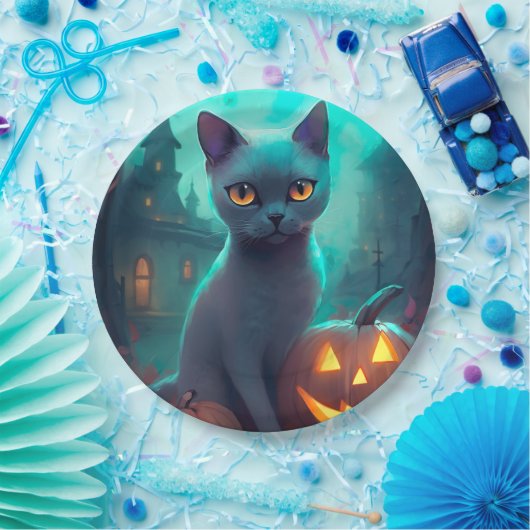 Halloween Russian Blue Cat mit Pumpkins Beängstige Pappteller (Party)