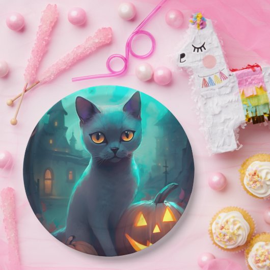 Halloween Russian Blue Cat mit Pumpkins Beängstige Pappteller (Party)