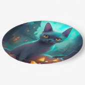 Halloween Russian Blue Cat mit Pumpkins Beängstige Pappteller (Schrägansicht)