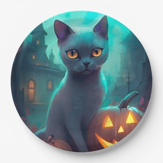 Halloween Russian Blue Cat mit Pumpkins Beängstige Pappteller (Vorderseite)