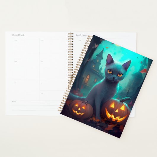 Halloween Russian Blue Cat mit Pumpkins Beängstige Planer (Anzeige)