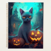 Halloween Russian Blue Cat mit Pumpkins Beängstige Planer (Vorderseite)