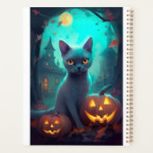 Halloween Russian Blue Cat mit Pumpkins Beängstige Planer (Rückseite)