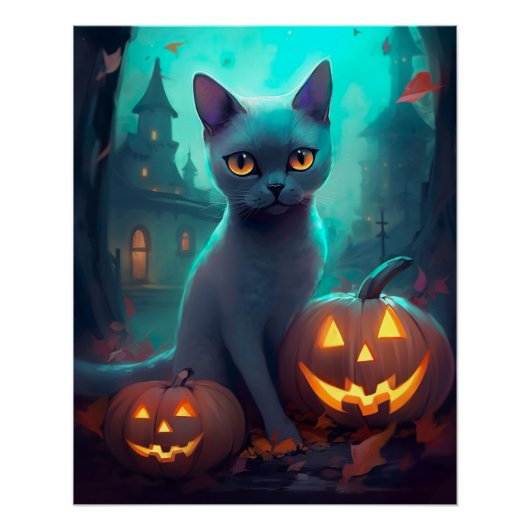 Halloween Russian Blue Cat mit Pumpkins Beängstige Poster (Vorderseite)