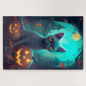 Halloween Russian Blue Cat mit Pumpkins Beängstige Puzzle (Horizontal)