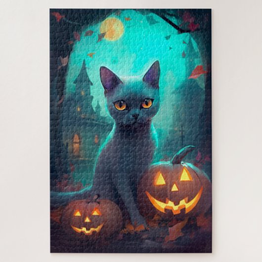 Halloween Russian Blue Cat mit Pumpkins Beängstige Puzzle (Vertikal)