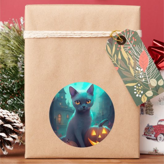 Halloween Russian Blue Cat mit Pumpkins Beängstige Runder Aufkleber (Feiertag)