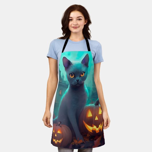 Halloween Russian Blue Cat mit Pumpkins Beängstige Schürze (Getragen)