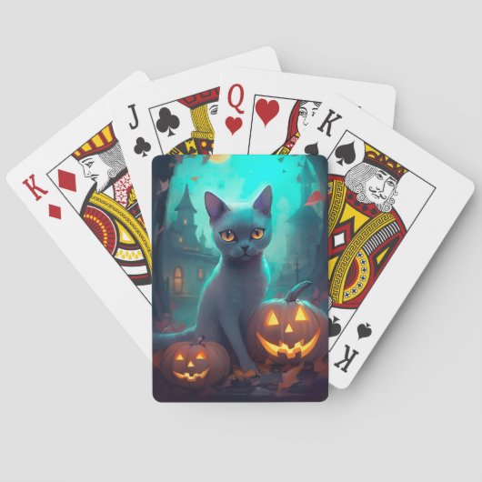 Halloween Russian Blue Cat mit Pumpkins Beängstige Spielkarten (Rückseite)