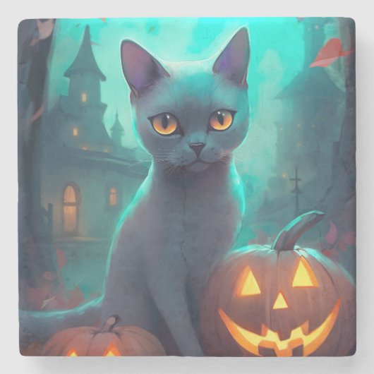 Halloween Russian Blue Cat mit Pumpkins Beängstige Steinuntersetzer (Vorderseite)