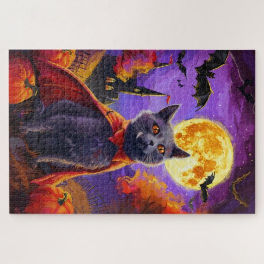 Halloween Russian Blue Cat Vampire Pumpkins Beängs Puzzle (Horizontal)