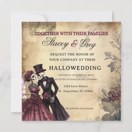 Halloween Rustic Gothic Skeleton Wedding Einladung (Vorderseite)