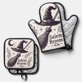Halloween Salem Hexe Broomstick Ofenhandschuh & Topflappen-Set (Vorderseite/Rückseite)