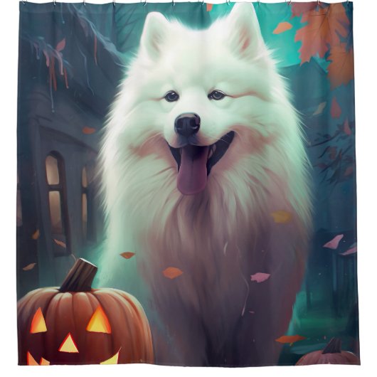 Halloween Samoyed with Pumpkins Beängstigend Duschvorhang (Vorderseite)