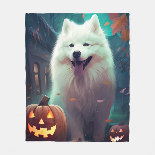 Halloween Samoyed with Pumpkins Beängstigend Fleecedecke (Vorderseite)