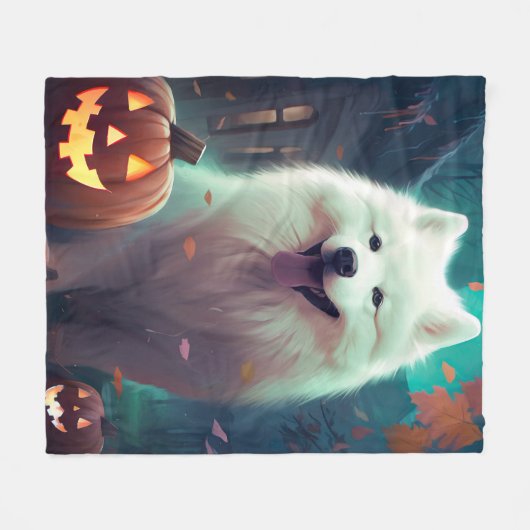 Halloween Samoyed with Pumpkins Beängstigend Fleecedecke (Vorderseite (Horizontal))