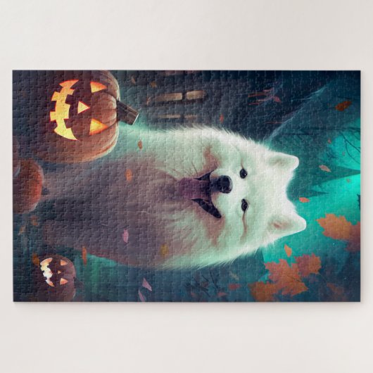 Halloween Samoyed with Pumpkins Beängstigend Puzzle (Horizontal)