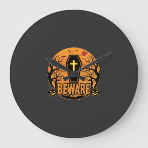 Halloween Sarg Vorsicht Kürbis Horror Design_1 Große Wanduhr
