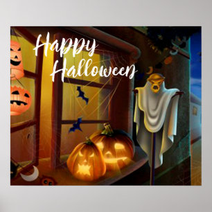 Halloween Scarecrow, Fledermäuse und Pumpkins Poster